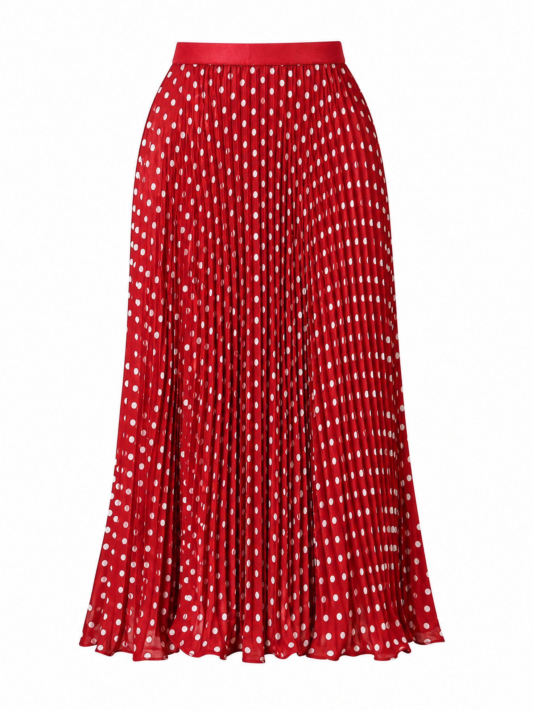 FD1013-红色-3 Cherry Dot Pleated Midi Skirt - Image 5